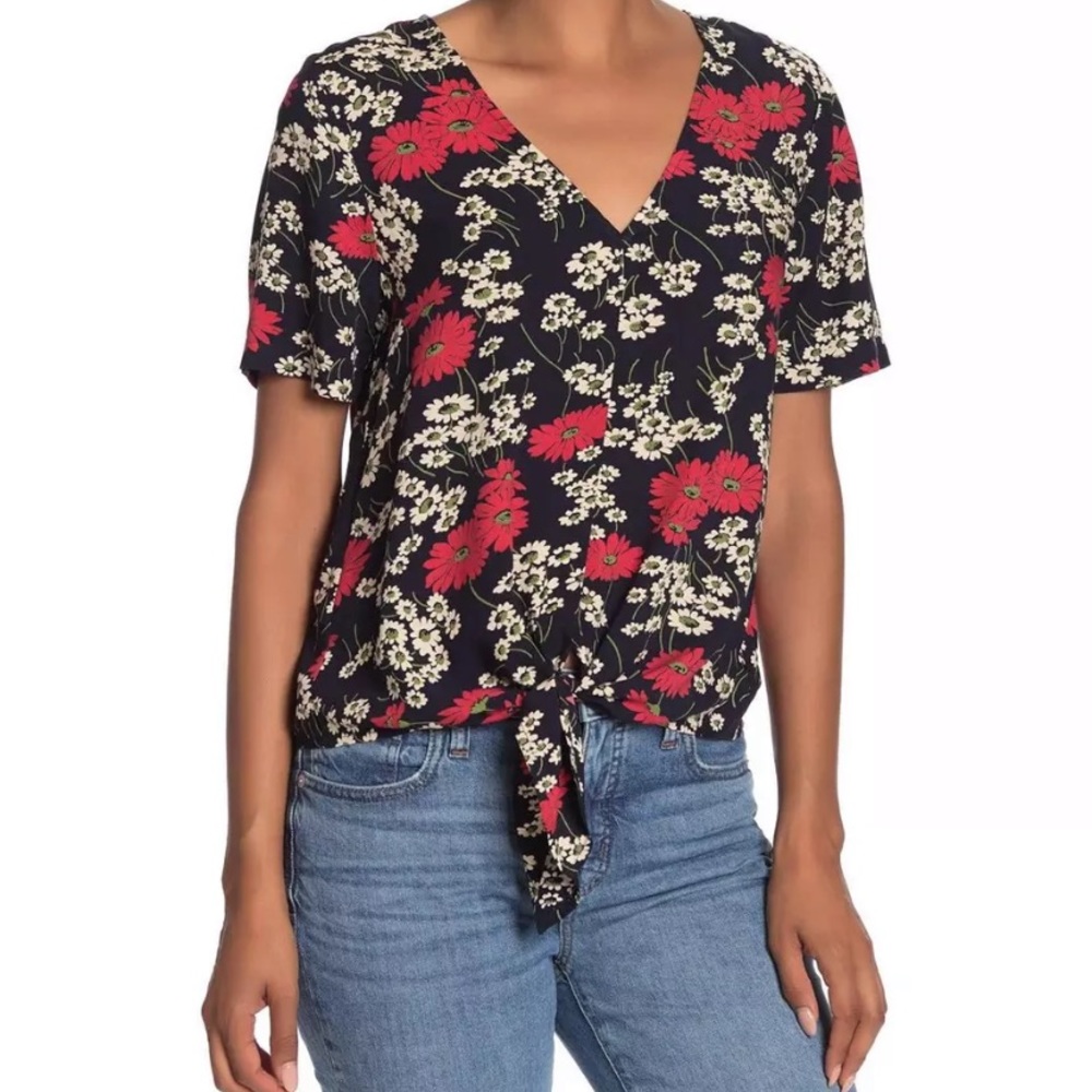 Madewell Hillside Daisies Navy Tie-Front Top, M - Picture 2 of 6